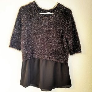 Candies Crop Sweater Top Soft Fuzzy Black Rainbow Colored Tinsel Witchy